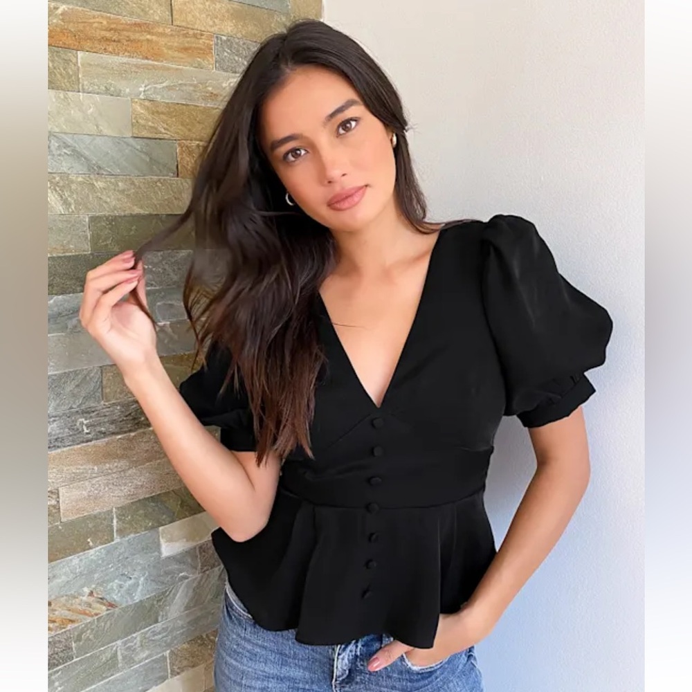 Lulu's Black Puff Sleeve Peplum Blouse | NWOT